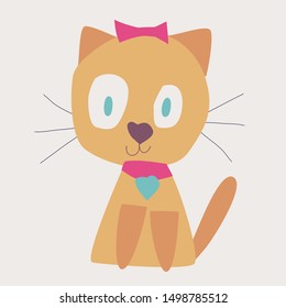 Happy cute cartoon cat sits. Flat style.