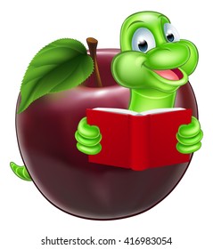 A happy cute cartoon caterpillar bookworm worm or catepillar reading a book and coming out of an apple