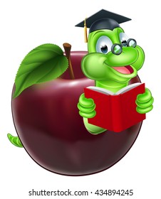 A happy cute cartoon caterpillar bookworm worm or caterpillar reading a book and coming out of an apple and wearing glasses and mortar board graduation hat