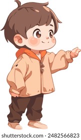 Happy Cute Cartoon character little boy points a fist at an empty place on a white background. vector illustration.