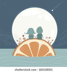 Happy cute cartoon couple in love sitting on the orange and look at the moon and night sky