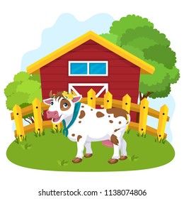 Happy cute cartoon cow on the lawn against the backdrop of a smart farm, illustrated illustration. A smiling, cute character, a playful animal.
