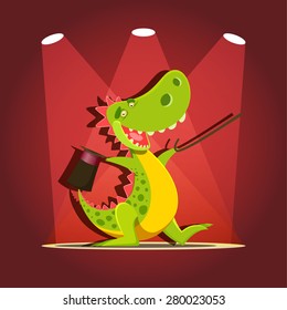 Happy cute cartoon dinosaur at the stage with spotlights