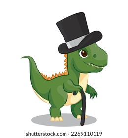 Happy cute cartoon dinosaur with vintage dress hat and cane