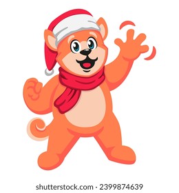 Happy cute cartoon dog in santa hat and scarf