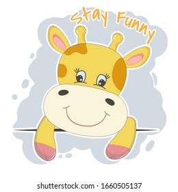 Happy cute cartoon giraffe isolated on a pink background. Slogan stay funny. Kawaii modern flat style. Graphic element for kids, greeting card, cover, poster and t-shirt. Vector illustration.