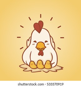 Happy cute cartoon hen character with little chickens, vector illustration. 