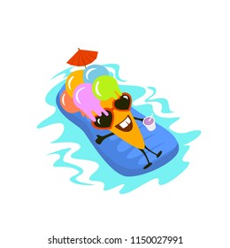 happy cute cartoon ice cream character on vacation swimming on inflatable mattress in a pool