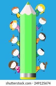 Happy, cute cartoon kids with crayon as a  banner