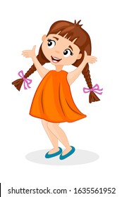 Happy cute cartoon little girl with pigtails. Beautiful girl in a dress on a white background.