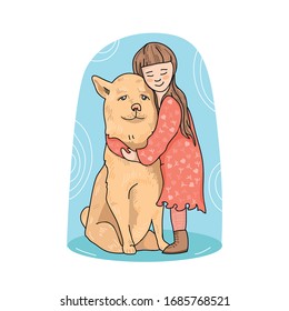 Happy cute cartoon little girl hugs a big dog. Isolate on white background. New friend.Vector.