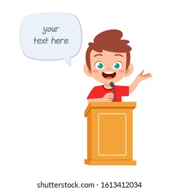 happy cute cartoon little kid boy speak on podium