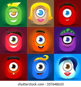 Happy cute cartoon monster faces vector set. cute square avatars and icons.