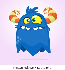 Happy cute cartoon monster. Halloween vector blue and horned monster flying