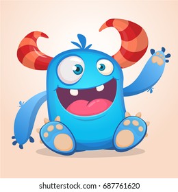 Happy cute cartoon monster. Halloween vector blue and horned monster sitting and waving.