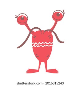 Happy cute cartoon monster. Red vector monster character with mustache on white