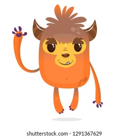 Happy and cute cartoon monster. Vector illustration of an orange funny monster