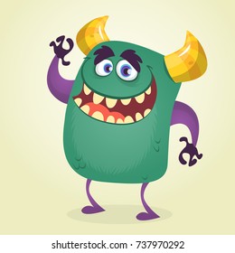 Happy cute cartoon cute monster. Vector monster character waving