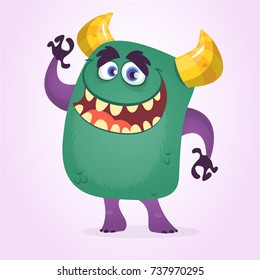 Happy cute cartoon cute monster. Vector monster character waving