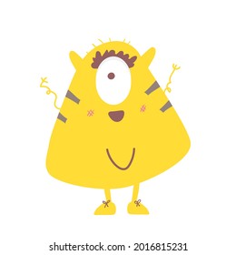 Happy cute cartoon monster. Yellow vector monster character smiling . flat on white