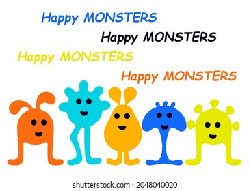 Happy Cute cartoon monsters. Childrens greeting card or party invitation template. horizontal border Vector illustration.