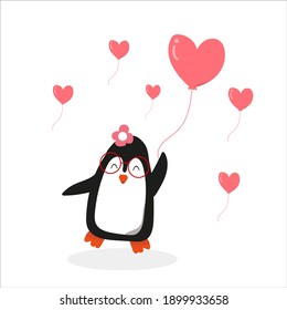 Happy cute cartoon penguin with heart balloon,happy valentines day