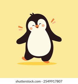 Pingüino de dibujos animados feliz y lindo, pingüino bebé animal salvaje. Naturaleza salvaje pequeña Ilustración vectorial de pingüino aislado sobre fondo amarillo.