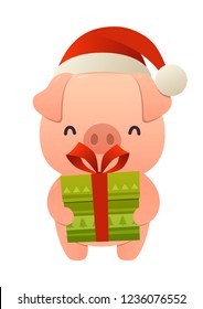 Happy cute cartoon pig with gift present isolated on white background