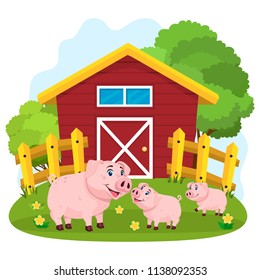 Happy cute cartoon pig and happy with small piglets, hand-drawn illustrations. A smiling character, a pretty playful farm animal.