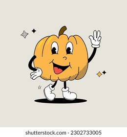 Happy cute cartoon pumpkin character, groovy pumpkin retro style, funny halloween old cartoon mascot, vector illustration