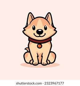 Happy Cute Cartoon Puppy Sitting, Portrait Of Cute Dog Vector Icon Illustration. Isolated Flat Cartoon Style.