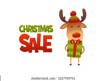 Happy cute cartoon reindeer with gift present isolated on white background