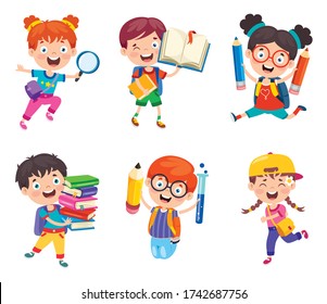 Happy Cute Cartoon School Children