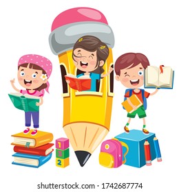 Happy Cute Cartoon School Children