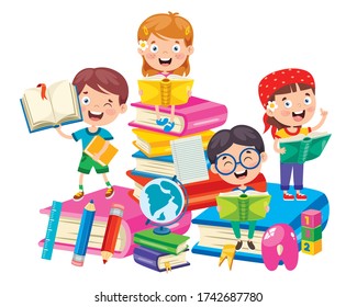 Happy Cute Cartoon School Children