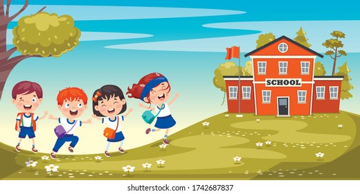 Happy Cute Cartoon School Children