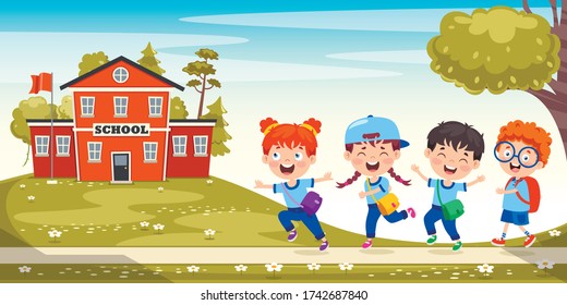 Happy Cute Cartoon School Children