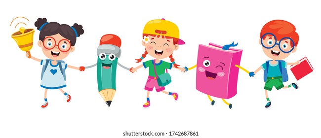Happy Cute Cartoon School Children