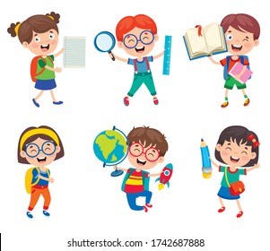 Happy Cute Cartoon School Children