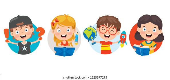 Happy Cute Cartoon School Children