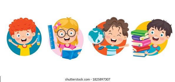 Happy Cute Cartoon School Children