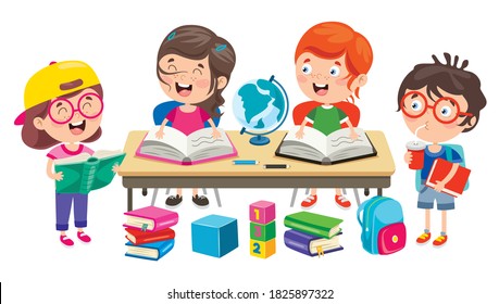 Happy Cute Cartoon School Children