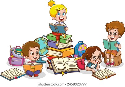 Happy Cute Cartoon School Children.Happy Kids Studying And Learning