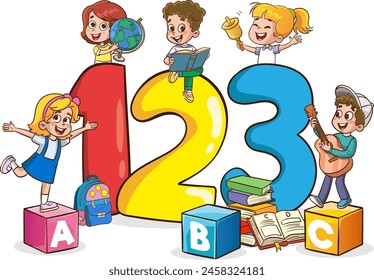 Happy Cute Cartoon School Children.Happy Kids Studying And Learning