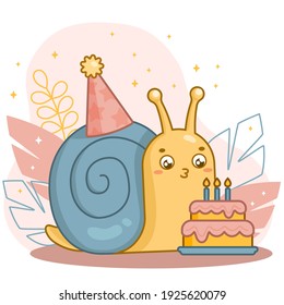 Happy cute cartoon snail with a blue shell. Flat vector illustration of an animal and leaves. Happy birthday card. 