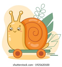 Happy cute cartoon snail on skateboard. Flat vector illustration of an animal, leaves and skate. Snail with an orange shell.