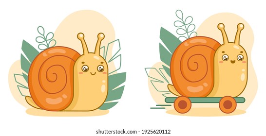 Happy cute cartoon snail on skateboard set. Flat vector illustration of an animal, leaves and skate. Snail with an orange shell.