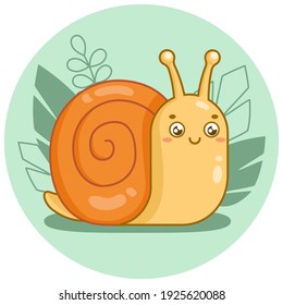 Happy cute cartoon snail with an orange shell. Flat vector illustration of an animal and leaves. Round background. 