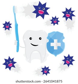 Happy cute cartoon tooth character with toothbrush and shield surrounded by germs and bacteria. Happy, healthy tooth. Dental care, oral hygiene, orthodontics, dentistry. For kids clinic