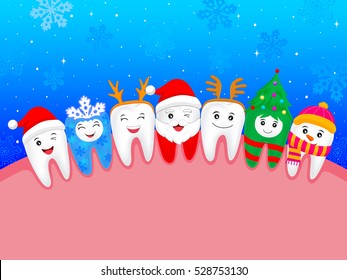 feliz dente bonito dos desenhos animados. ilustração. floco de neve, Papai Noel, árvore de Natal, veado, boneco de neve. ótimo para comemorar o Natal.